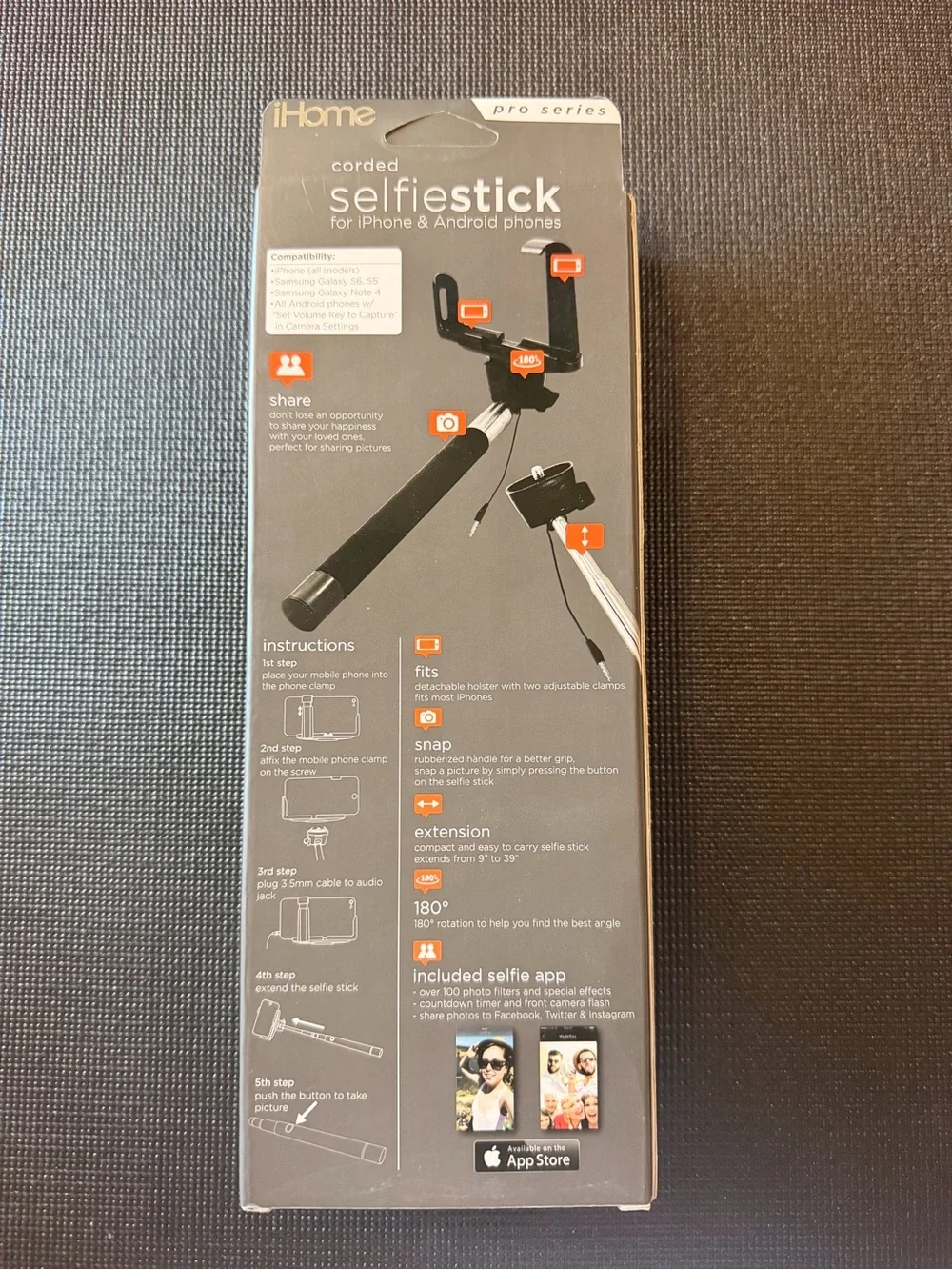 iHome Black Corded Selfie Stick with Adjustable Phone Mount